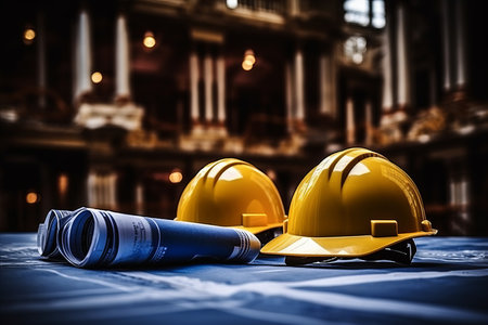 Construction blueprint and tools with safety helmet for building work and architecture designの素材