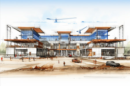 Architectural blueprint of a construction site - abstract concept and detailed building plansの素材