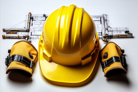 Detailed construction scheme with yellow and blue helmet and various tools on light backgroundの素材