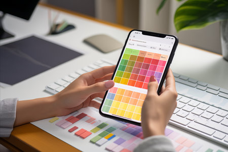 Mobile app ui design software. graphic designer testing ux/ui prototype with keyboardの素材