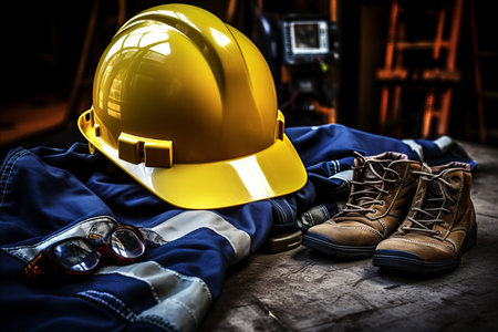Construction works scheme with yellow or blue helmet and tools on light backgroundの素材