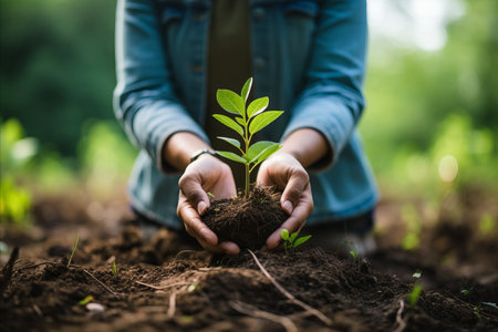 Earth day. female hand sustaining the future by holding a tree, symbolizing forest conservationの素材