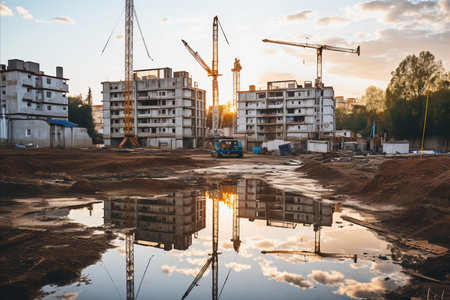 Unfinished high-rise building with mirrored facade under construction using cranesの素材