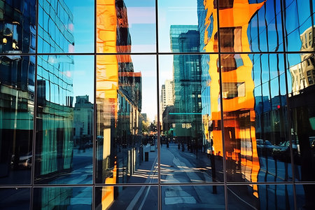 Reflective beauty. mirrored faÃ§ade of magnificent skyscraper on a bright sunny dayの素材