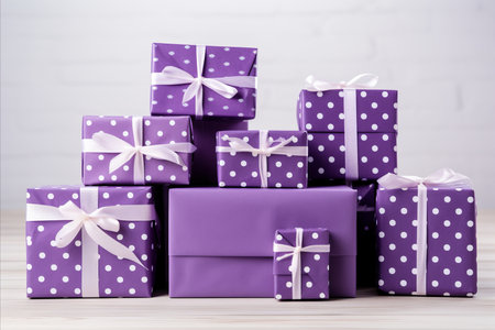 Exquisitely packaged gift boxes with ribbon and bow decorations on a bright backgroundの素材