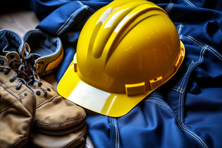 Construction scheme. top-down view of yellow/blue helmet and tools - building conceptの素材
