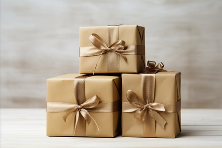 Exquisitely decorated gift boxes with stunning packaging on a stunning light backgroundの素材