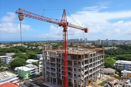 Construction crane erecting new tall building at construction site with views of cityscapeの素材