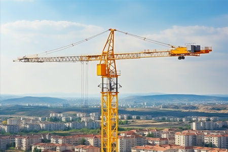 Close-up of construction of multi-storey building using cranes on a bright sunny dayの素材