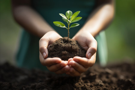 Earth day. female hand holding tree, growing seedlings in grass field - forest conservationの素材