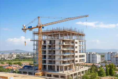 Efficient construction crane in action. building impressive tall skyscrapersの素材