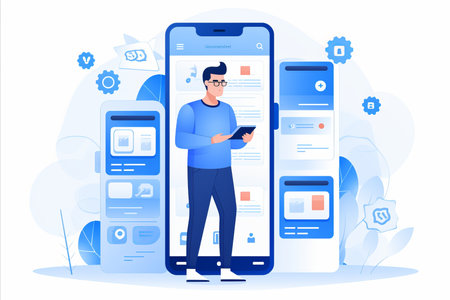 Mobile app ui/ux design software. graphic developer testing prototype for user requirementsの素材