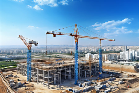 Building construction in progress. construction crane erecting an unfinished tall structureの素材