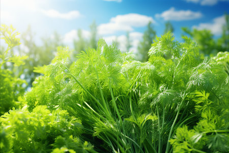 Freshly harvested dill on modern green plantation, bright sunny day agriculture photographyの写真素材