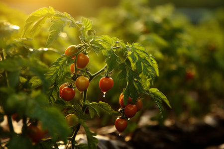 Tomato seedlings basking in the golden glow of the rising sun, flourishing amidst the vibrant fieldの写真素材