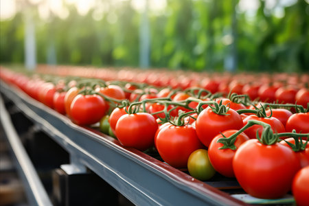 Bountiful harvest of fresh tomato sprouts grown on a modern and efficient plantationの写真素材