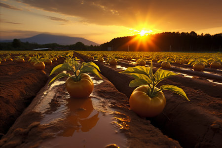 Vibrant tomato shoots thriving in bountiful field with serene sunrise illuminating the scene