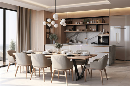 Modern kitchen-dining room with dining table, refrigerator, kitchen line, and sinkの写真素材