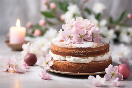 Vibrant easter table decor. festive cake, colorful eggs, linen cloth and fresh spring flowersの写真素材