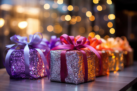 Colorful gift boxes with decorative ribbons on light background - perfect for giftingの写真素材