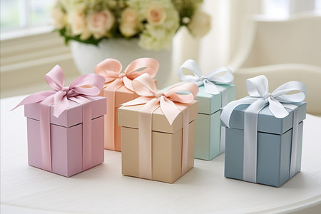 Beautifully packaged multi-colored gifts tied with decorative ribbon on light backgroundの写真素材