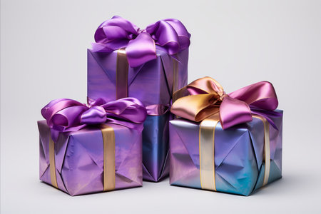 Beautifully packaged multicolored gifts tied with decorative ribbon on light backgroundの写真素材