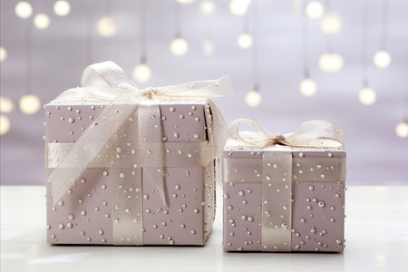 Exquisitely wrapped gifts artfully presented on a vibrant, light-colored backgroundの写真素材