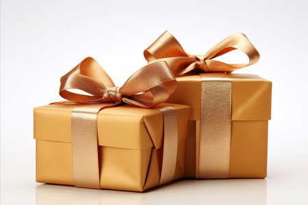Delicately adorned gift packages with luxurious presentation on a luminous backgroundの写真素材