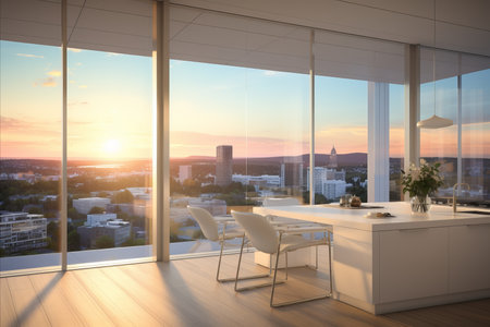 Contemporary white kitchen interior in skyscraper with expansive window and sunrise viewの写真素材