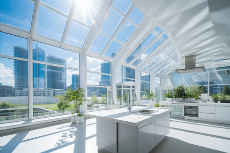 Stunning contemporary kitchen with expansive skyscraper window and breathtaking sunrise viewの写真素材