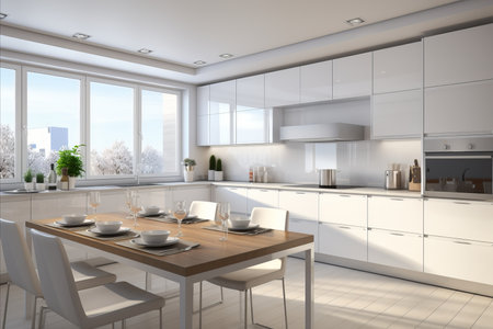Spacious modern kitchen interior in white with large window offering skyline view and sunriseの写真素材