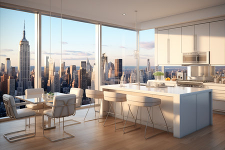 Spacious modern kitchen with white design and large window in skyscraper overlooking sunriseの写真素材