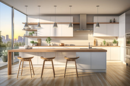 Stunning modern white kitchen with spacious layout and magnificent sunrise view from skyscraperの写真素材