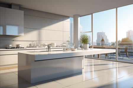 Bright and airy modern kitchen with floor-to-ceiling window in white-themed skyscraper interiorの写真素材
