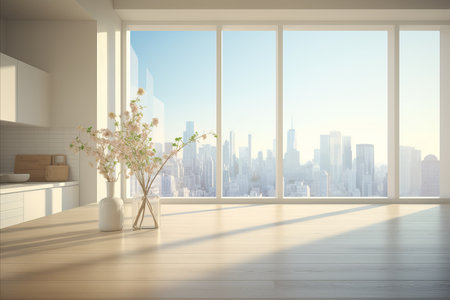 Stunning modern white kitchen interior in skyscraper with spectacular sunlit viewの写真素材