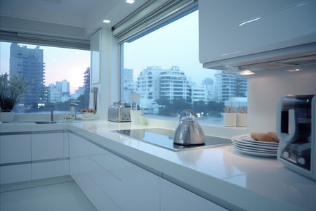 Stunning modern white kitchen with spacious window and breathtaking sunrise view in a skyscraperの写真素材