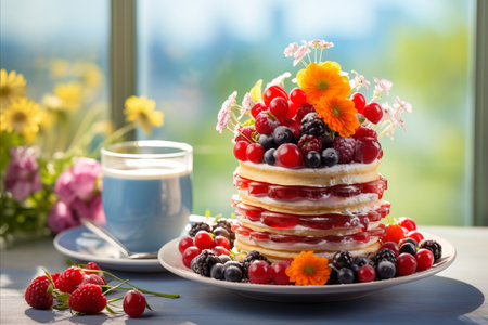 Festive easter table setting with cake, colorful eggs, linen cloth, fresh spring flowersの素材