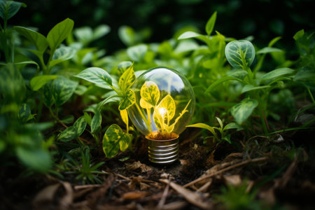 Green plant growing inside a light bulb in a grassy field - dslr photo with 50mm lensの素材