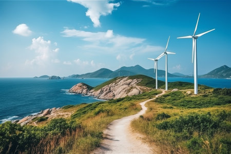 Green hills and coastal views. wind turbines symbolize sustainable energy on sunny dayの素材