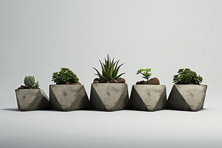 Assorted succulent plants in modern geometric concrete planters on white backgroundの素材