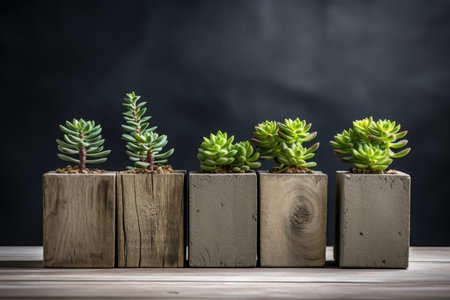 Assorted succulent plants in modern geometric concrete planters on white backgroundの素材