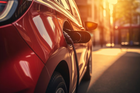 Close-up of persons hand refueling car with gasoline at modern gas station on a bright sunny dayの素材