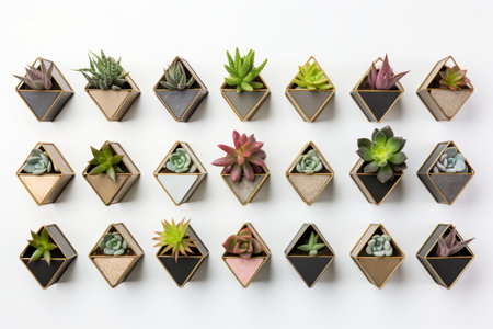 Succulent plants in geometric concrete planters on white background with copy spaceの素材