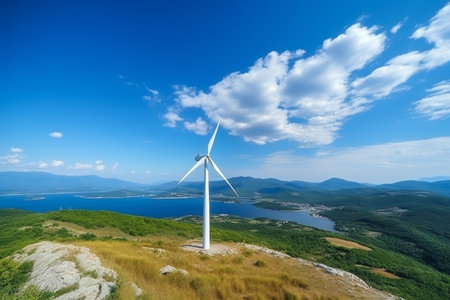 Sustainable energy. wind turbines on lush green hills with panoramic coastal viewsの素材