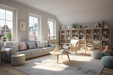 Bright Childrens Room with Colorful Modern Furniture, Toys, and Large Window on Light Backgroundの素材