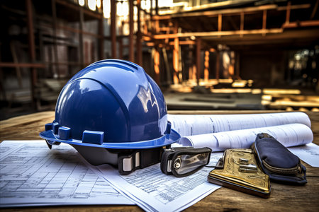 Construction blueprint with helmet and tools for building work and construction projectsの素材