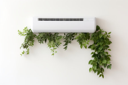 Cooling room. air conditioner on wall with plants, adjustable temperature, space for textの素材