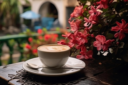 Morning coffee. cup on table in charming old city streets with beautiful blooming flowersの素材