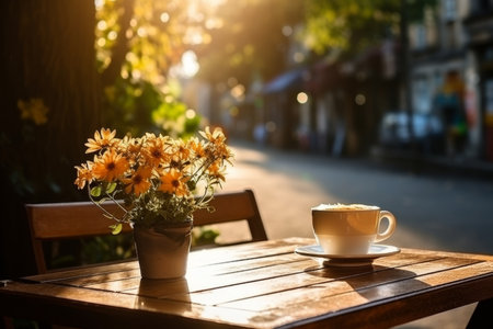 Charming morning view. coffee cup on table in old city streets adorned with lush blooming flowersの素材