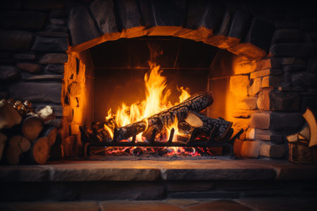 Cozy rustic fireplace with burning firewood. creating a warm and inviting ambianceの素材